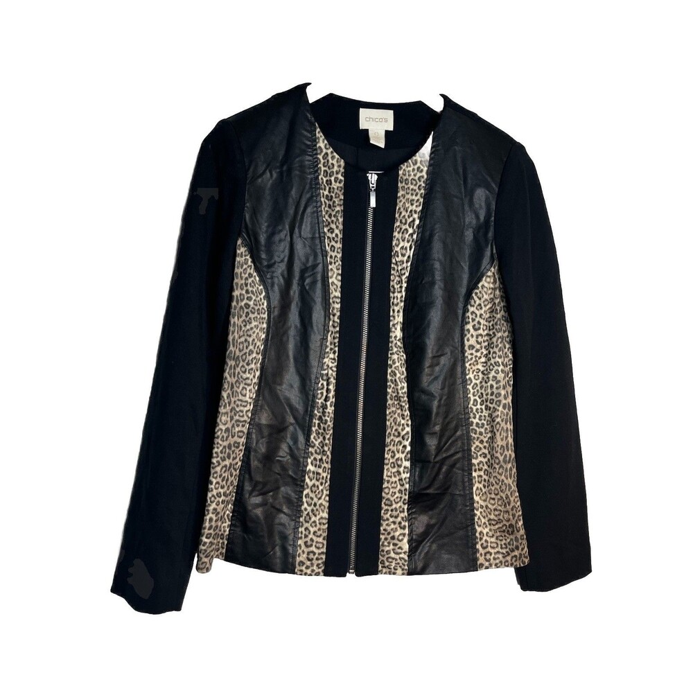 Chicos Travelers Leopard Vegan Leather Jacket Coat Size 0 US Small